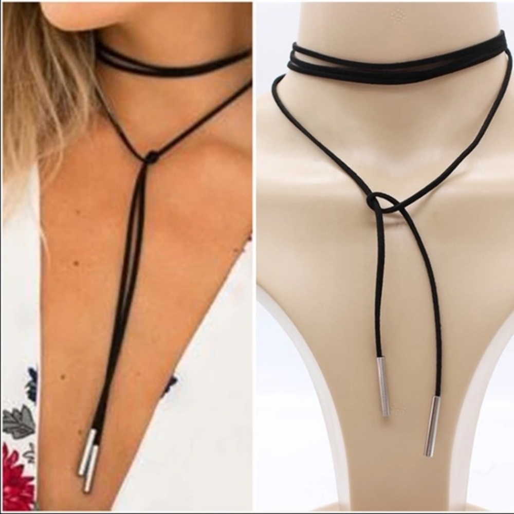 Silver tipped suede choker